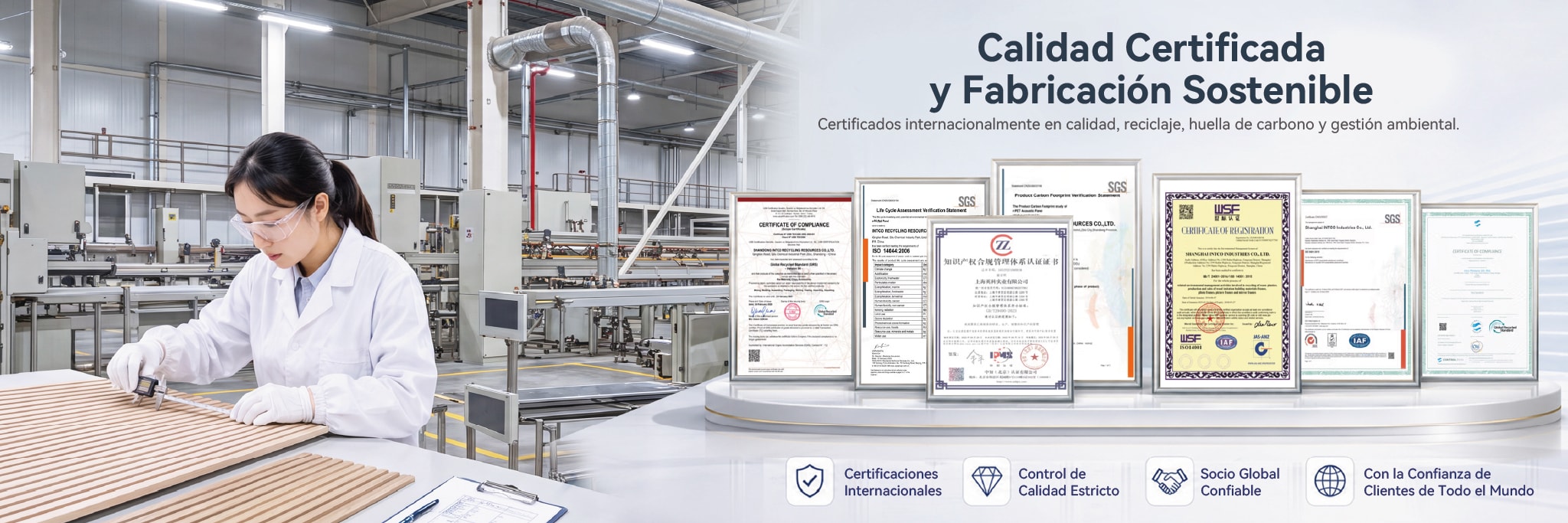 Calidad certificada y fabricación sostenible — certificados internacionalmente en calidad, reciclaje, huella de carbono y gestión ambiental